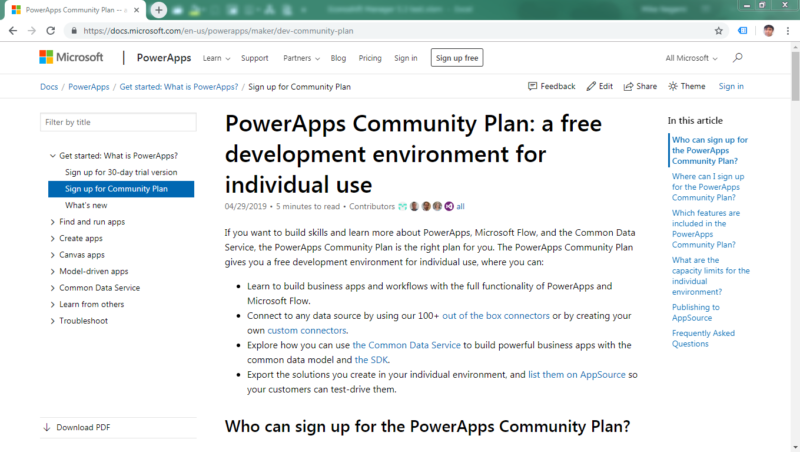 Free PowerApps Community Plan MS Web Page