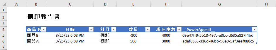 出力先のエクセルファイル ID列付